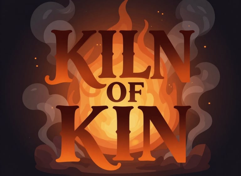 Kiln of Kin stylized text logo in front of a glowing orange fire with smoke and embers.