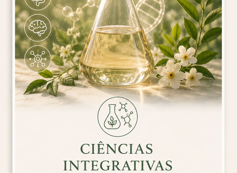 Frasco científico rodeado por filamentos de DNA e folhas botânicas para ciência integrativa da saúde