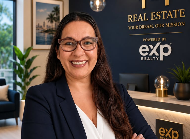 Smiling female real estate agent in a modern eXp Realty office with arms crossed.