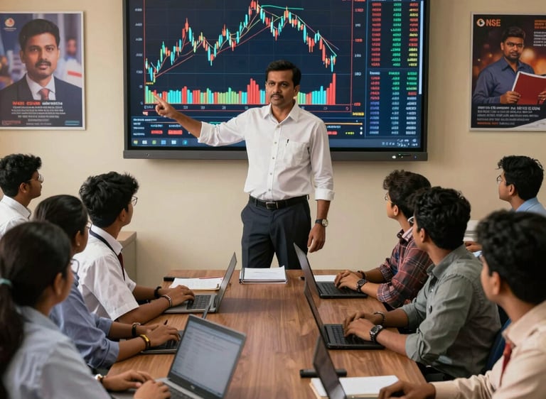 A focused classroom scene with students engaged in hands-on stock market training at DTF Rohini.