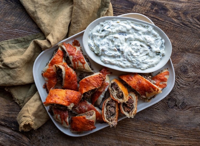 Plate of phyllo beef wellington bites with spinach dip by Dan Clapson