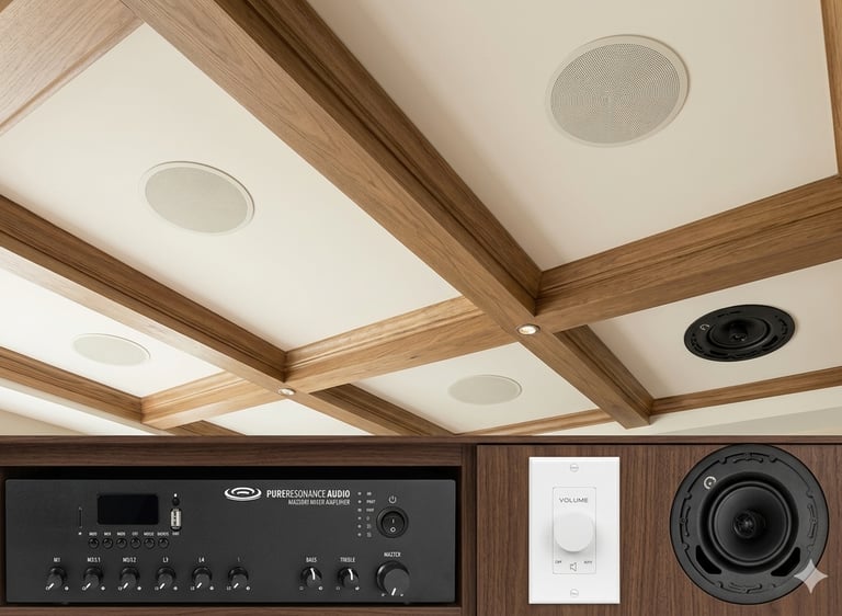 Russound speakers installed in ceiling with example of volume nob for residential