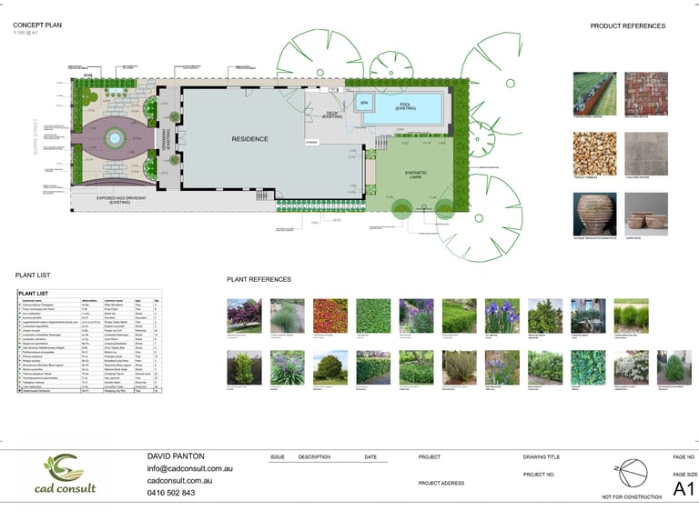 Landscape design title sheet featuring a garden layout, plant list, and product references.