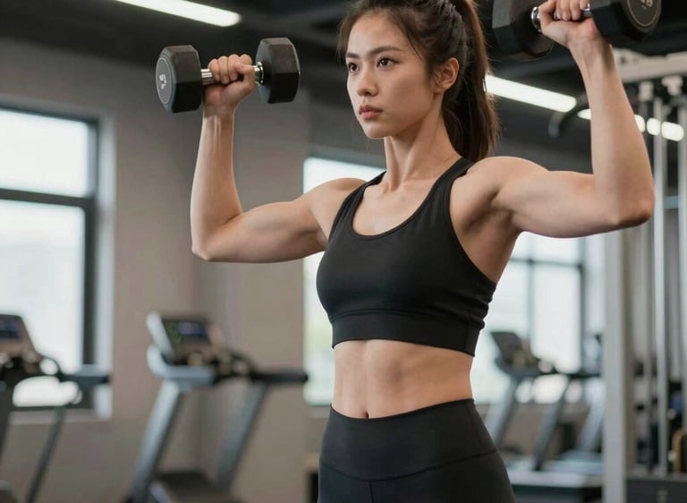 A cozy home gym corner with neatly arranged fitness equipment and a laptop displaying a fitness blog.