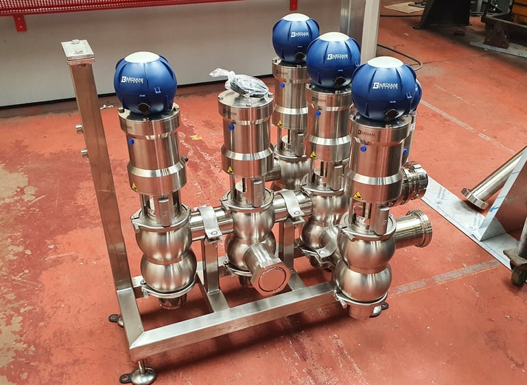Bardiani stainless steel sanitary mixproof valves manifold for industrial food processing.