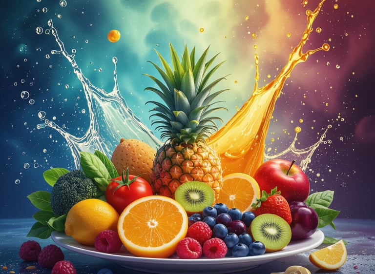 A bowl of fruits with water and juice splashing in the background