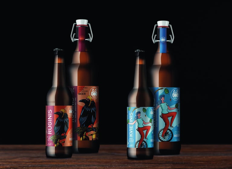 beer bottles with label designs, rye and barley beer