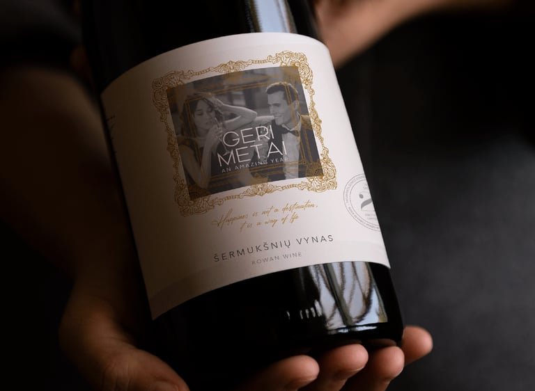 Rowan wine label design, dark bottle and clear label