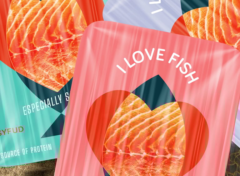 salmon packaging design, bright colors, simplistic design