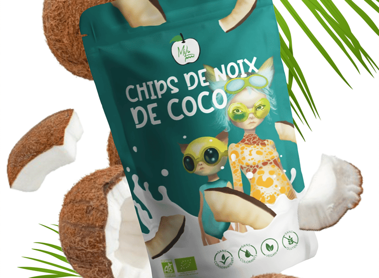 a bag of coconut chips with futuristic illustrations, bright green color bag