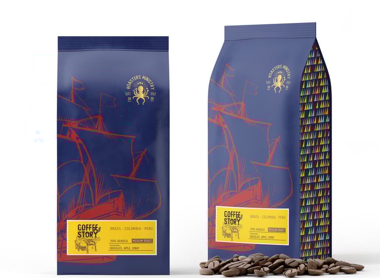 Coffee packaging design example, blue and yellow colors