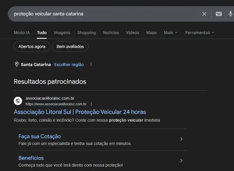Exemplo de anúncio de proteção veicular no Google Ads para captação de leads