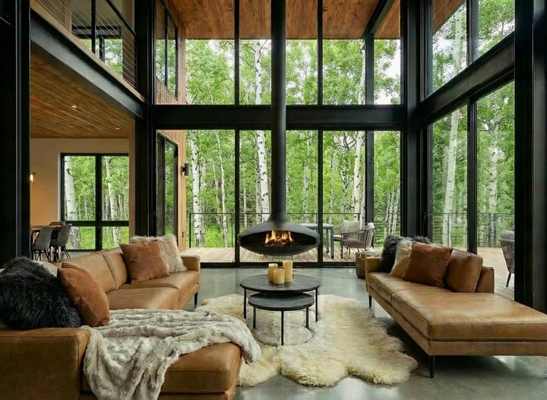 Modern living room with leather sofas, hanging fireplace, and floor-to-ceiling windows overlooking a forest.