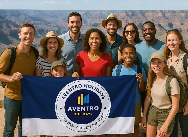 Tourists at the Grand Canyon holding an Aventro Holidays flag, promoting USA tour packages and travel experiences
