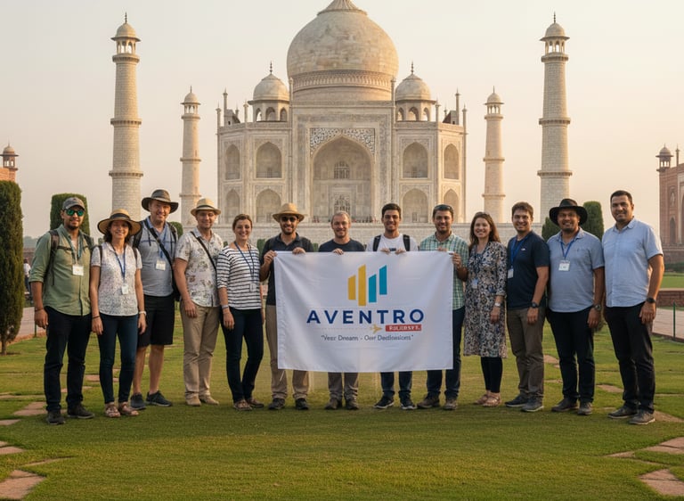 Travelers with the Maverick Holidays flag at the iconic Taj Mahal in India.