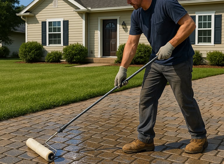Professional driveway sealing service on cobblestone driveway