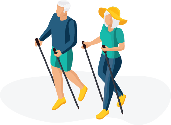 a senior couple hiking happy