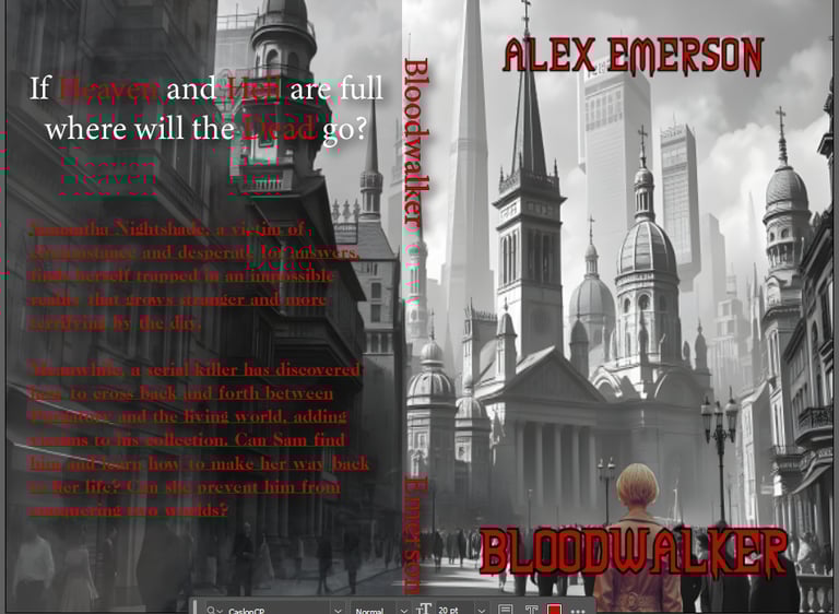 The cover art for Bloodwalker, a woman in color in front of a city in black and white