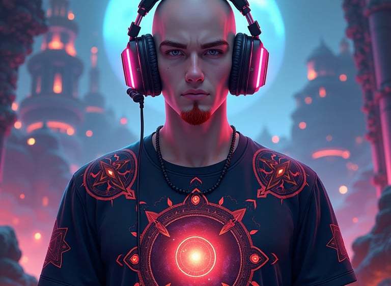 An anime-style picture of a man with a red goatee and headphones