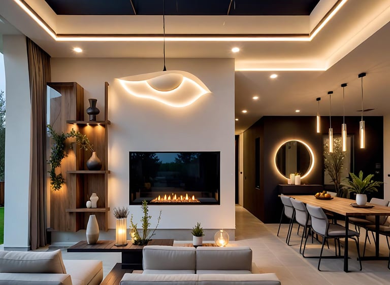 a living room with a fireplace and a dining room | Nour Nagy Designs