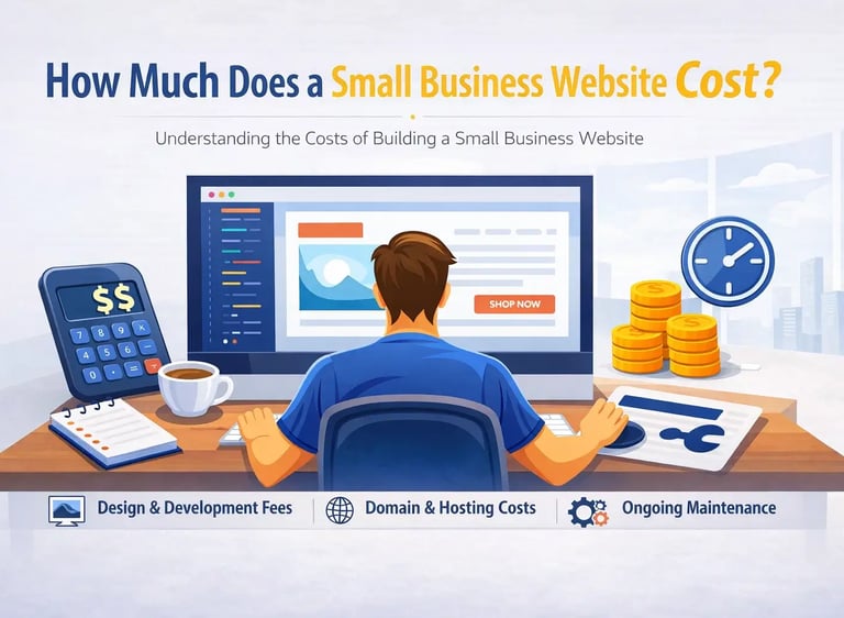 Person calculating small business website costs at computer with calculator and coffee on desk