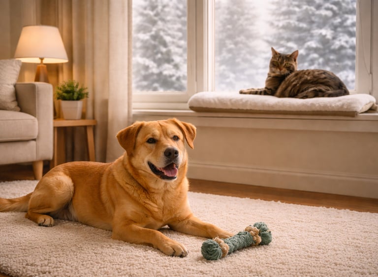 Dog and cat relaxing indoors during winter in Burlington.