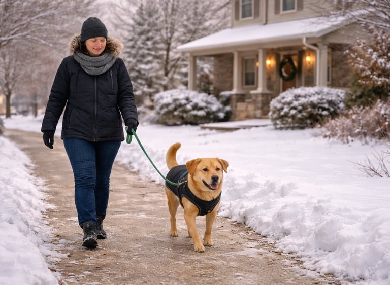 Dog being walked in winter by a professional pet sitter in Burlington