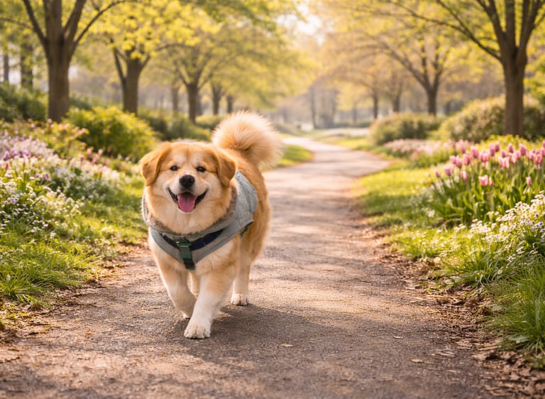 Dog enjoying a daily spring walk in Burlington park.
