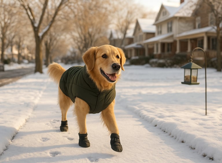 Dog wearing winter jacket and booties walking safely on a snowy Burlington sidewalk