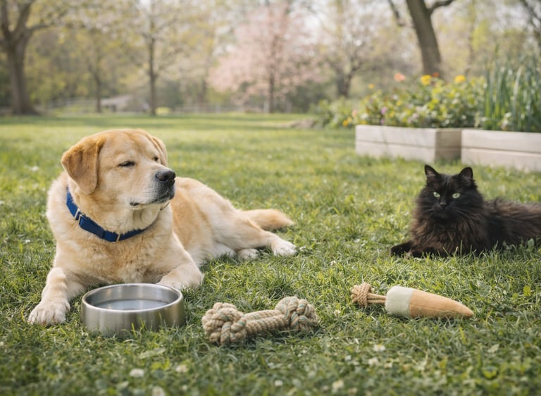 Dog and cat relaxing outdoors during Earth Day spring season.