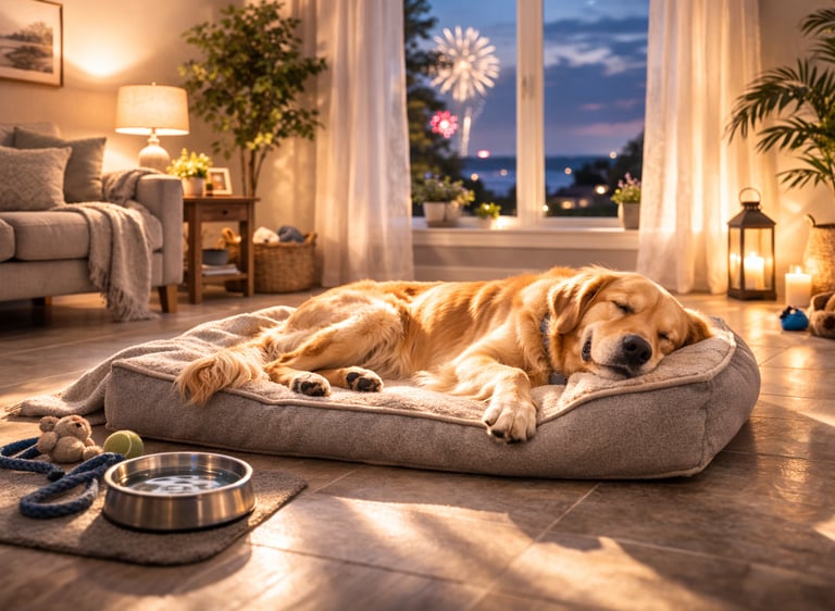 Dog resting indoors during fireworks night.