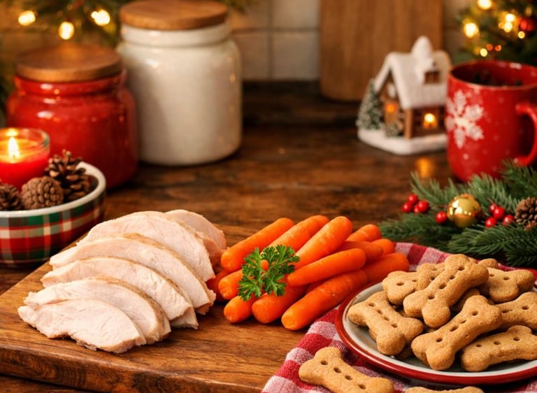 Pet-safe holiday treats arranged on a kitchen counter.