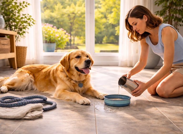 Pet sitter caring for dog indoors during summer.