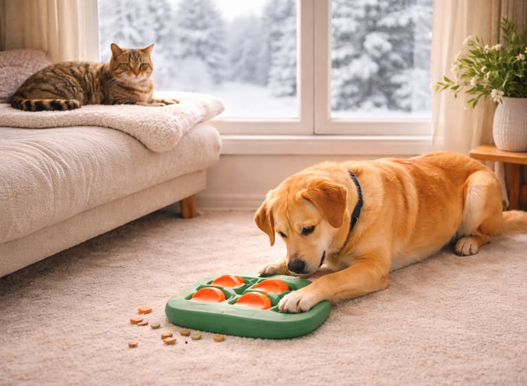 ALT Text: Dog and cat enjoying indoor enrichment during winter