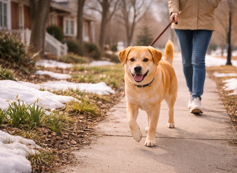 Dog walking during late winter preparing for spring