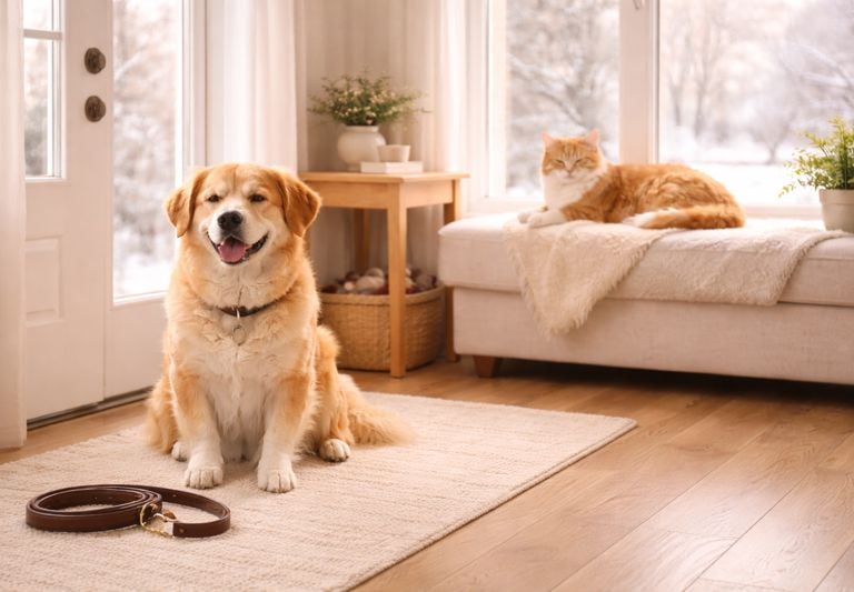 Dog and cat enjoying a calm winter morning routine at home in Burlington.
