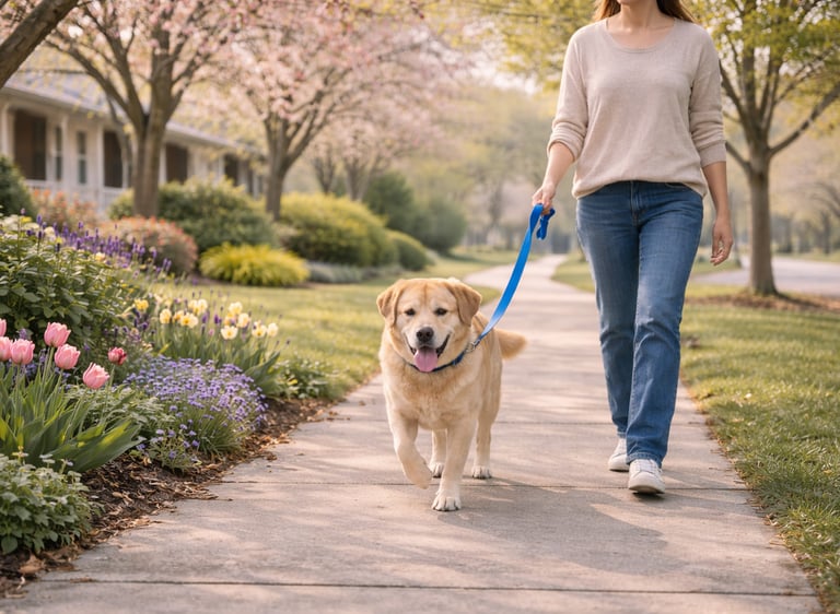 Pet sitter walking dog during spring in Burlington.
