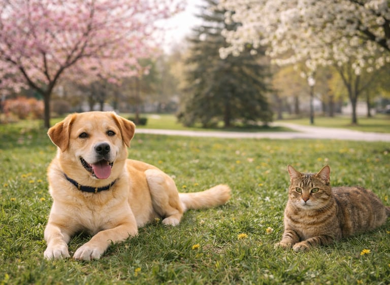 Dog and cat resting outdoors during spring allergy season.