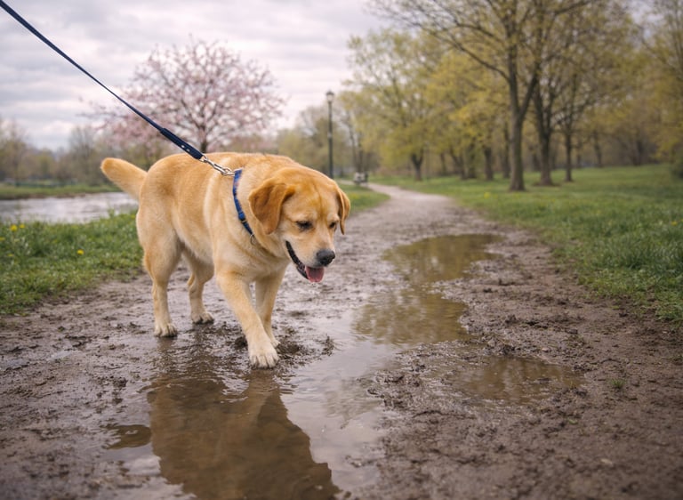 Dog walking on a muddy spring path in Burlington.