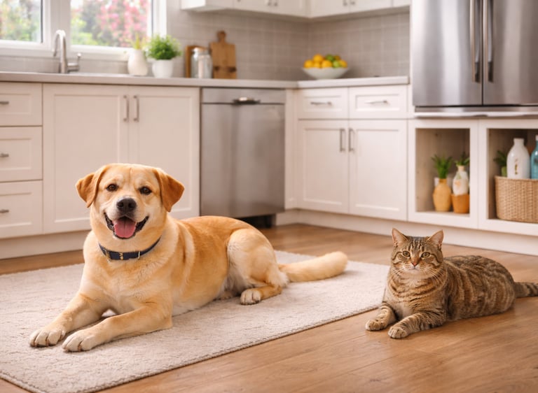 Dog and cat resting safely while cleaning supplies are stored away.