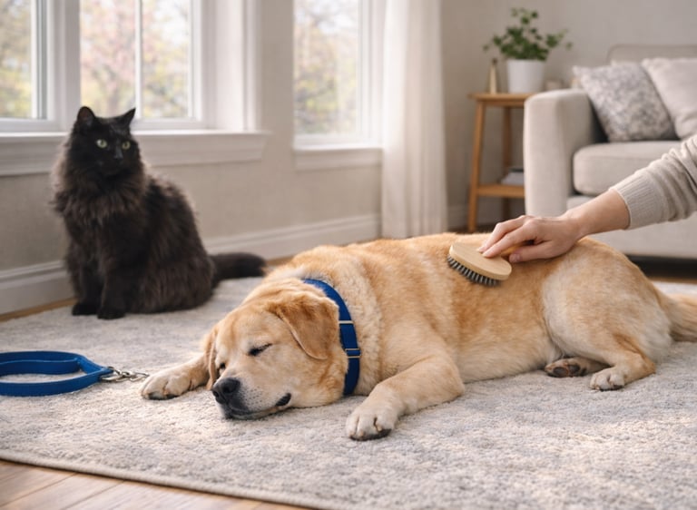 Dog being brushed indoors during spring shedding season.