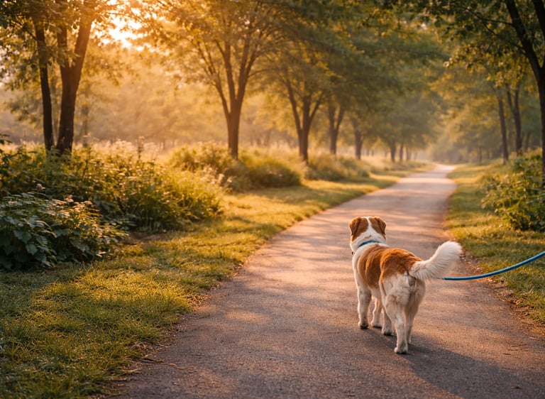 Dog walking on shaded path during summer morning.