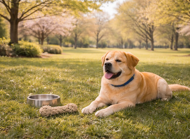 Dog resting in shade with water bowl during warm weather.