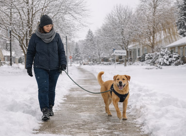 Dog walking safely on a snowy sidewalk in Burlington during winter.