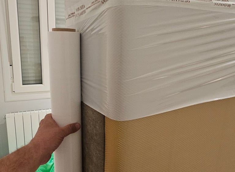 a person holding a box spring mattress on a bed