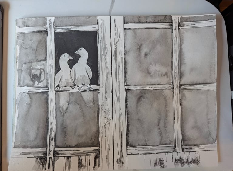 A pair of mated doves sitting in a dark open window rendered in water graphites and micron pen on paper by Kathy LaFollett.