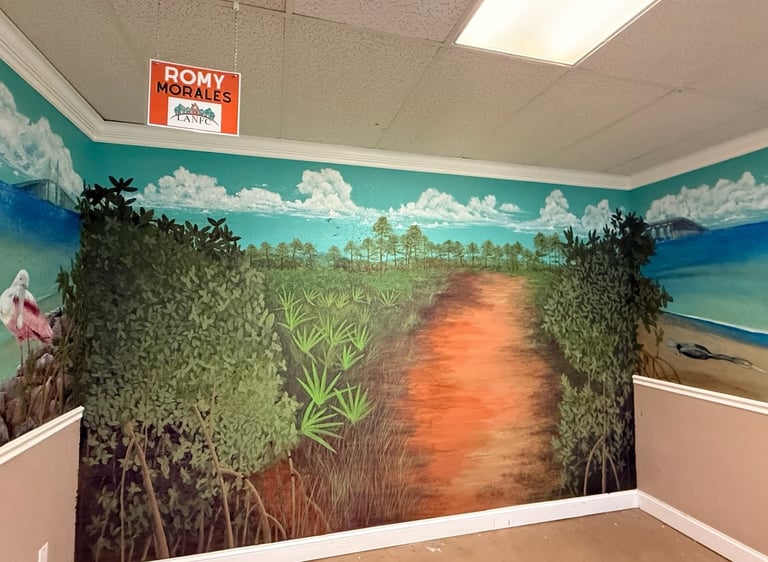A colorful stunning realistic three wall mural featuring Florida nature, wildlife and sandy beaches by Kathy LaFollett.