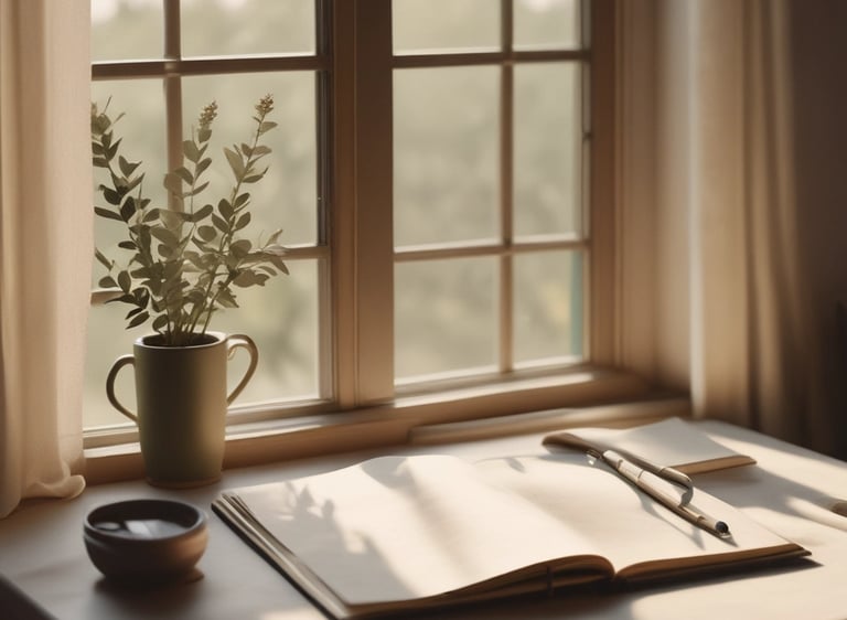 A serene workspace with soft natural light filtering through sheer curtains onto a simple desk with a notebook and pen.