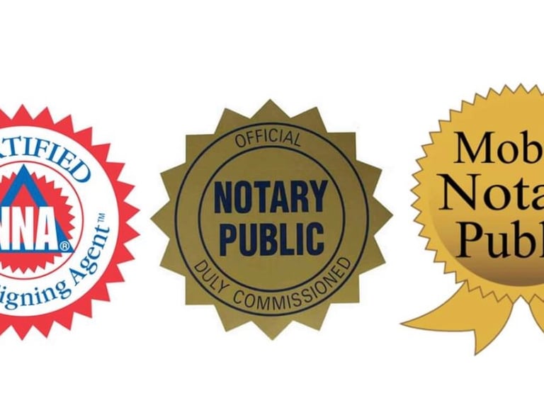 Certified NNA Notary Signing Agent, Official Notary Public, and Mobile Notary Public seal logos.