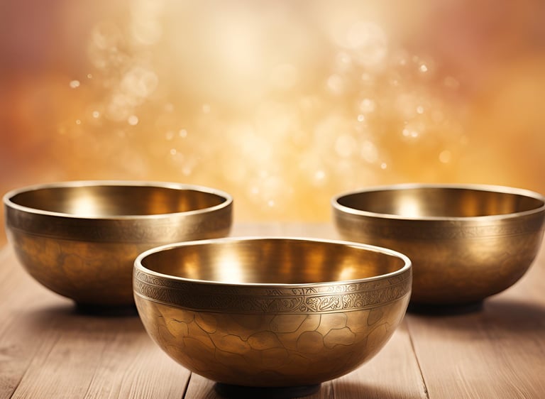 Drei Klangschalen vor goldenem Hintergrund auf Holz – stimmungsvolle Atmosphäre für Entspannung und 